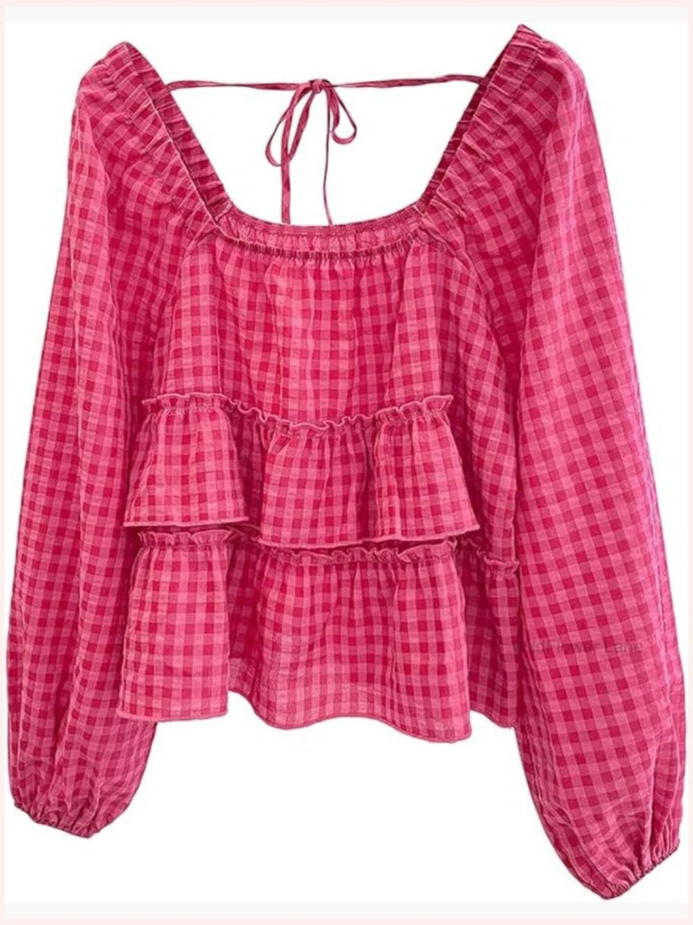 Plus Size Gingham Lantern Sleeve Blouse Ruffle Tie Back Babydoll Crop Top